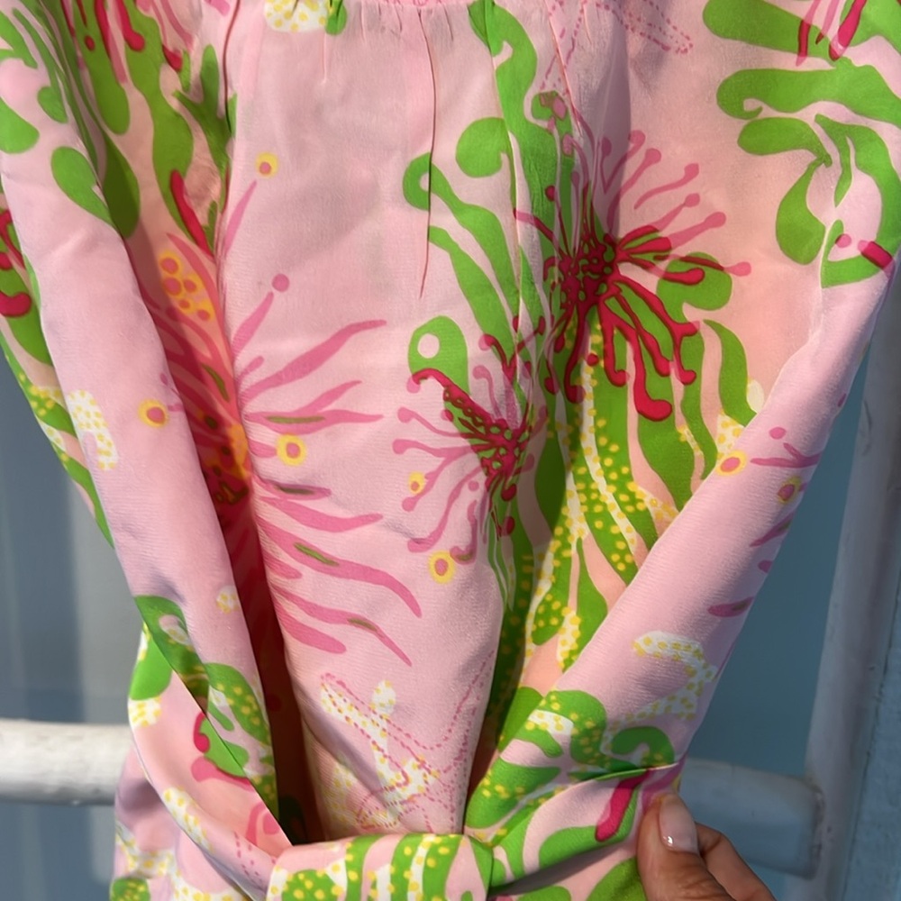Lilly Pulitzer cedar pink and Green silk belted Patterned Top size 0 - Picture 7 of 13